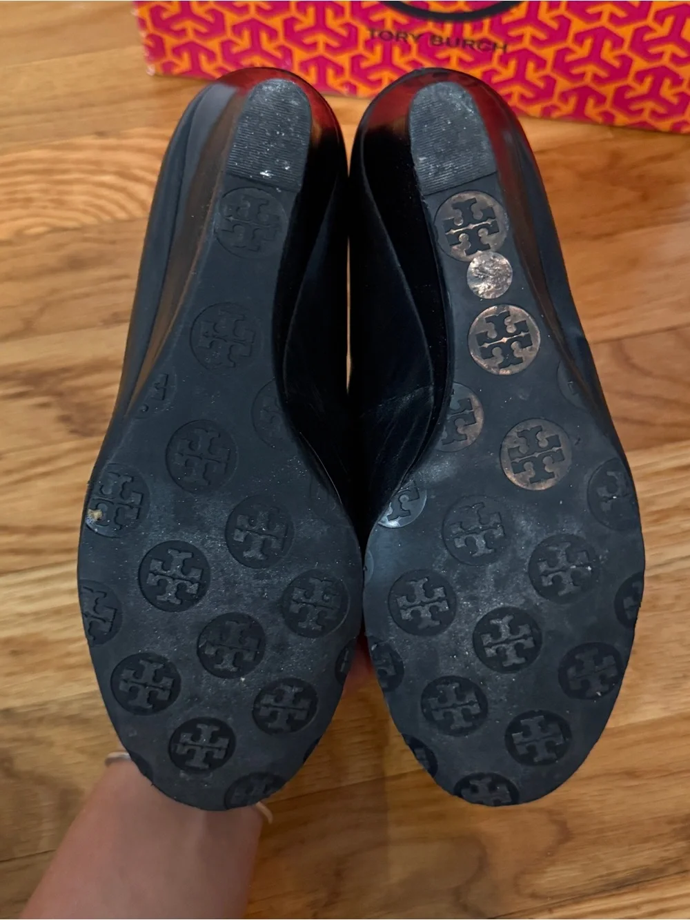 Tory Burch Sally Black Leather Silver Logo Wedge Pumps 6.5 NEW